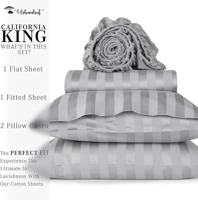 URBANHUT 800 Thread Count 100% Cotton Damask California King Size Sheets Set, 4 Piece Striped Cal King Size Bedsheets, Luxury Hotel Sheets Sateen Weave, 16" Elasticized Deep Pocket- Silver Grey