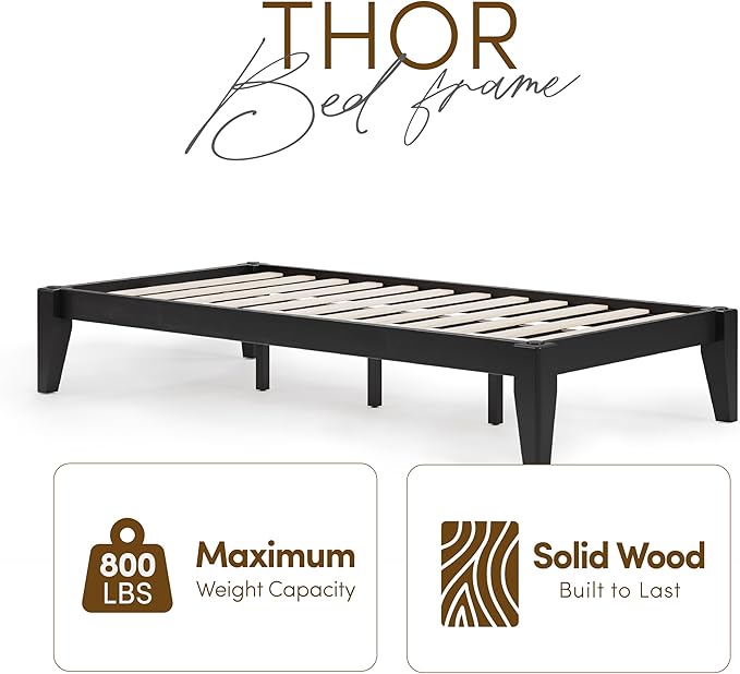 Thor Premium Solid Wood Bed Frame Twin XL, Platform Bed, Japanese Joinery Bed Frame, Wood Slat Support, No Box Spring Needed, Easy Assembly, Minimalist & Modern Style (Midnight Charcoal)