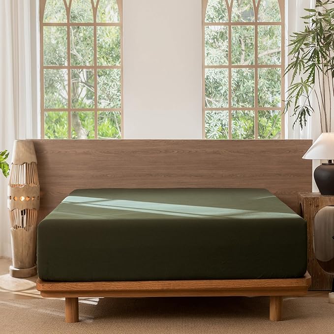 MooMee Fitted Bottom Sheet Only 100% Washed Cotton Linen Like Textured Breathable Durable Soft Comfy Deep Pocket Fits Mattress up to 17" (Olive Green, Queen)
