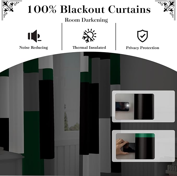 Green Blackout Curtains for Bedroom 84 inch Long 2 Panels Set Christmas Green Grey Modern Abstract Geometric Black Out Curtains Insulated Room Darkening Window Drapes for Living Room, 52Wx84L