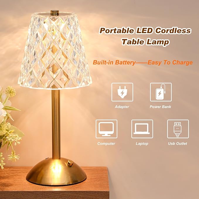 Liliful 2 Pcs Cordless Table Lamp Rechargeable Touch LED Small Gold Portable Battery Operated USB-c Desk Lamp 3 Color Dimmable for Bedroom Living Room Dining (Gold,Diamond Style)