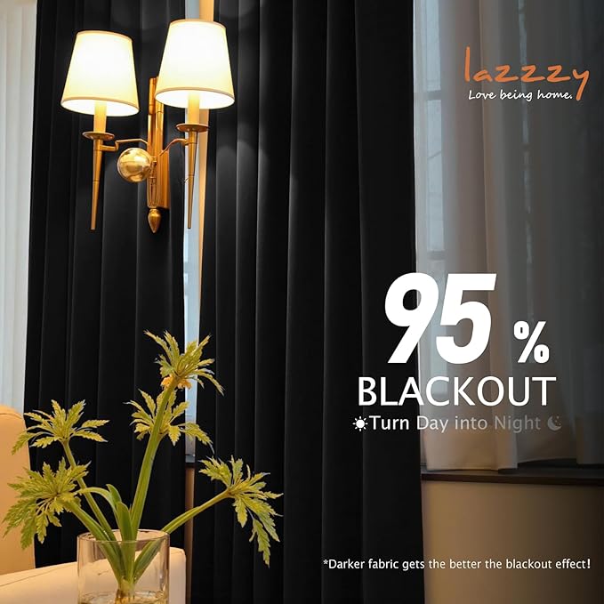 Lazzzy Velvet Blackout Curtains Thermal Insulated Room Window Drapes Super Soft Luxury Curtains for Living Room Bedroom Rod Pocket 2 Panels, Black, 52" W x 63" L