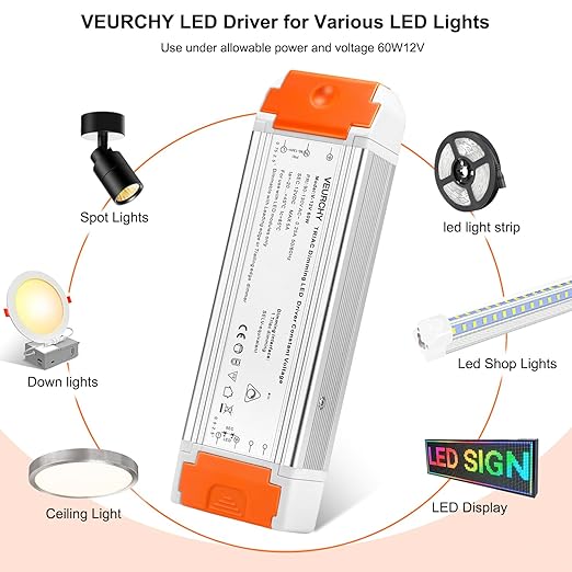 Dimmable LED Driver 12V DC 60W Triac Constant Transformer 120V AC to 12Volt DC Input/Output Isolation Protection 60Watt LED Power Supply Lighting Low Voltage Dimmer for Strip Light Model Vec1