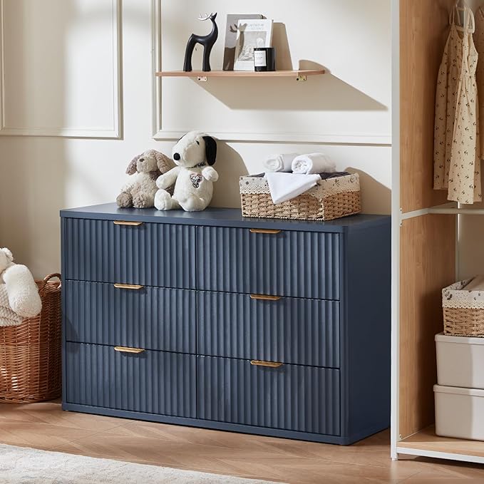 LEYAOYAO 48" Wide Fluted Dresser and 3 Drawers 23" Nightstand Set of 2, Wooden Dresser & Night Stand with Charging Station, 3 Piece Bedroom Furniture Set, Chest of Drawer for Living Room,Blue