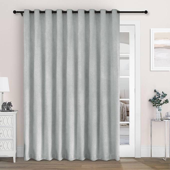 Macochico Extra Wide 100% Blackout Chenille Curtains 100" Wx96 L Thermal Drapes for Sliding Door Living Room Bedroom Auditorium Hotel Medium Gray Curtains Grommet Top with Tieback Classic 1 Panel