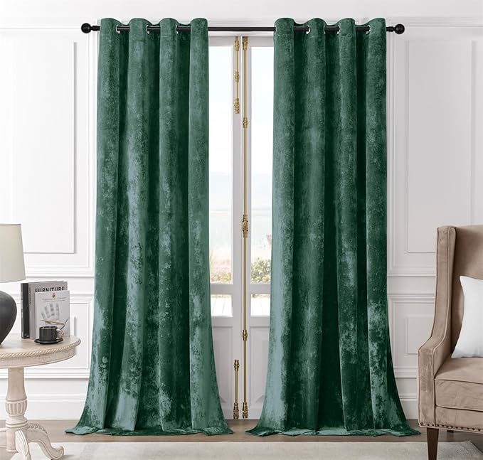 SMILETIME Forest Green Crushed Velvet Curtains 52x84 inch Luxurious Thermal Insulated Soundproof Drapes for Living Room Bedroom Office Soft and Durable Light-Filtering Window Treatments, 2 Panels