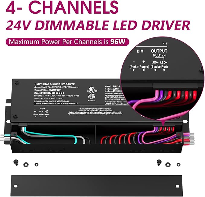 EMITEVER 384W Dimmable LED Driver, 24V 5-in-1 Dimmable Power Supply,4-Channels AC to DC Transformer for LED Light, Compatible with Lutron and Leviton Dimmer, Waterproof IP67 and UL Listed, Class 2
