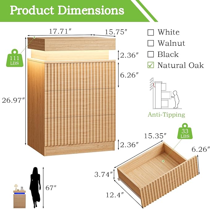Nightstand with Charging Station & LED Lights, Small Modern Fluted Bedside & End Table with 3 Drawers, Sliding Top & Hidden Storage, Wooden Farmhouse Night Stand for Bedroom Office Sofa, Natural Oak