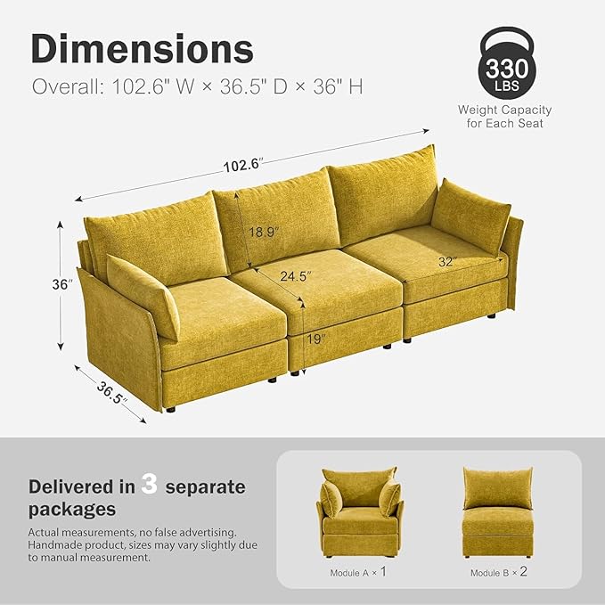ABCASA 102.6" Modular Sectional Sofa, Oversized 3-Seater Yellow Orange Couch with Removable Chenille Fabric Cover, Deep Seat & High Backrest for Living Room, Office & Apartment