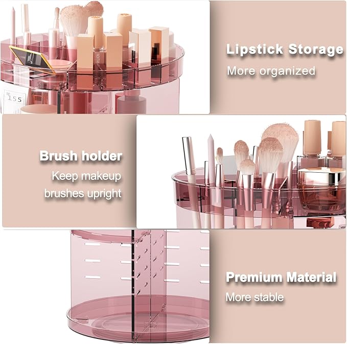 Jiavarry 360 Rotating Makeup Organizer with Lipstick Slots, 8 Adjustable Layers Spinning Skincare Organizers, Large Capacity Desk Storage, Carousel Cosmetic Shelf for Vanity Bathroom Countertop