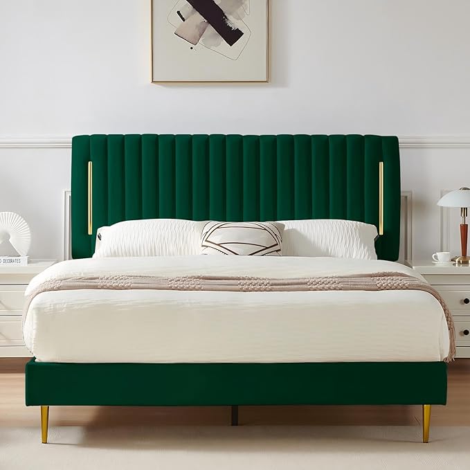 Queen Platform Bed Frame, Velvet Upholstered Bedframe with Vertical Channel Adjustable Headboard, Golden Plating Trim, Mattress Foundation with Wooden Slats, No Box Spring Needed, Green