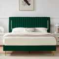 King Platform Bed Frame, Velvet Upholstered Bedframe with Vertical Channel Adjustable Headboard, Golden Plating Trim, Mattress Foundation with Wooden Slats, No Box Spring Needed, Green