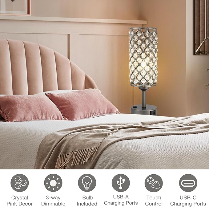 Hong-in Gray Crystal Lamp Touch Control Set of 2, Crystal Table Lamps with USB C+A Ports & AC Outlet, 3-Way Dimmable Nightstand Touch Lamp, Modern Bedside Table Lamp for Bedroom(Bulbs Included)