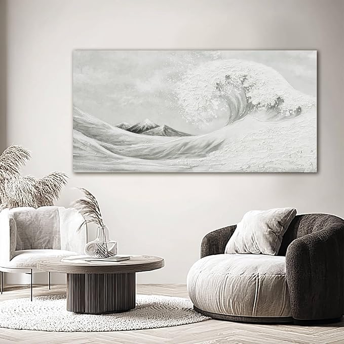 YETHEN WAL Neutral Grey & White Wave Wall Art – Textured Minimalist Canvas Print, Modern Coastal Decor for Hallway Entryway Bedroom, 20×40 Inch