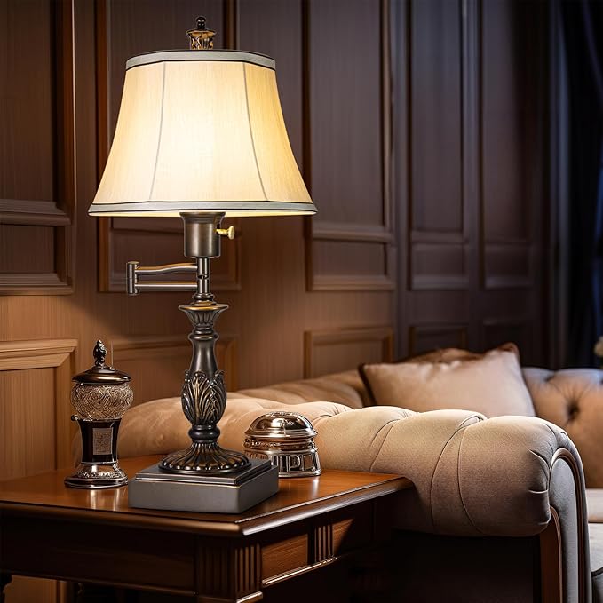 Scenekoy 23.5" High Rustic Traditional 350° Adjustable Swing Arm Table Lamp Set of 2 with USB A+C Ports Brown Finish Cream Shade Vintage Nightstand lamp for Living Room Bedroom Office (Bulb Included)