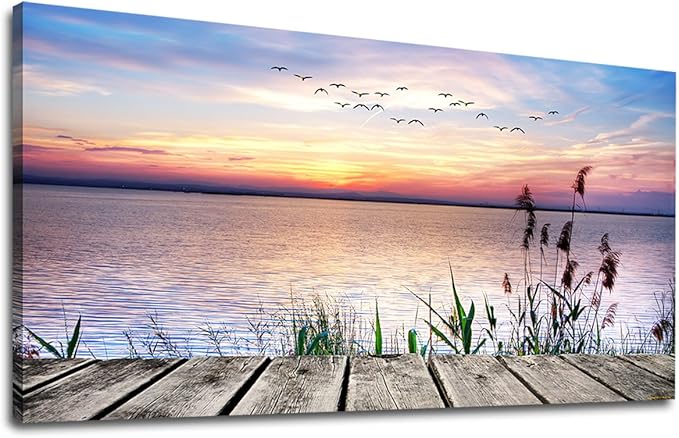 Canvas Wall Art Lake Dock Sunset Scenery Flying Birds Picture Large Beach Sunset Landscape Canvas Artwork Contemporary Nature Pictures for Living Room Bedroom Home Office Kitchen Wall Decor 24" x 48"