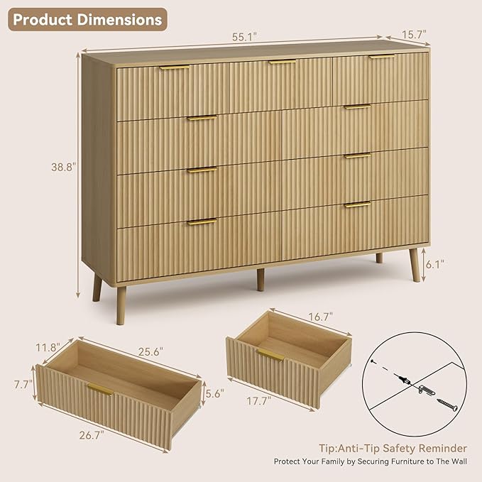 CARPETNAL Fluted 9 Drawer Dresser for Bedroom, 55" Wide Wooden Chest of Drawers with Rounded Corners, Gold Handles, Modern Storage Organizer for Bedroom, Hallway (Oak)