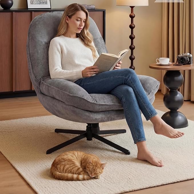 1 Pack 360°Free Swivel Accent Chair for Living Room, Slightly 20°Rocking, 24" High Backrest Upholstered Armchair, Ergonomic Design, Chenille Breathable Soft Fabric Modern Single Sofa, Gray
