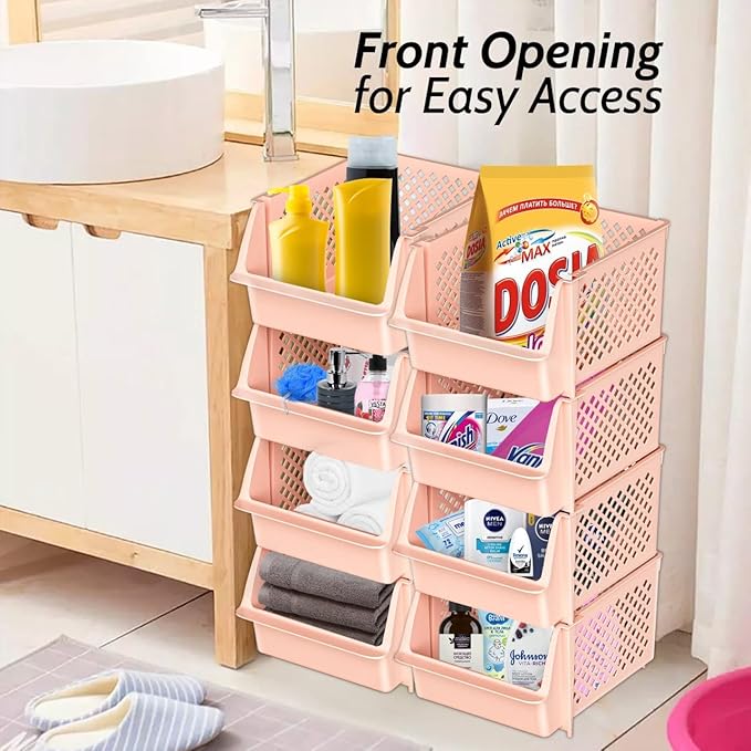 TidyFriend Stackable Storage Bins for Pantry, 4 Pack Stackable Bins For Organizing Food, Kitchen, and Bathroom Essentials (Cream)