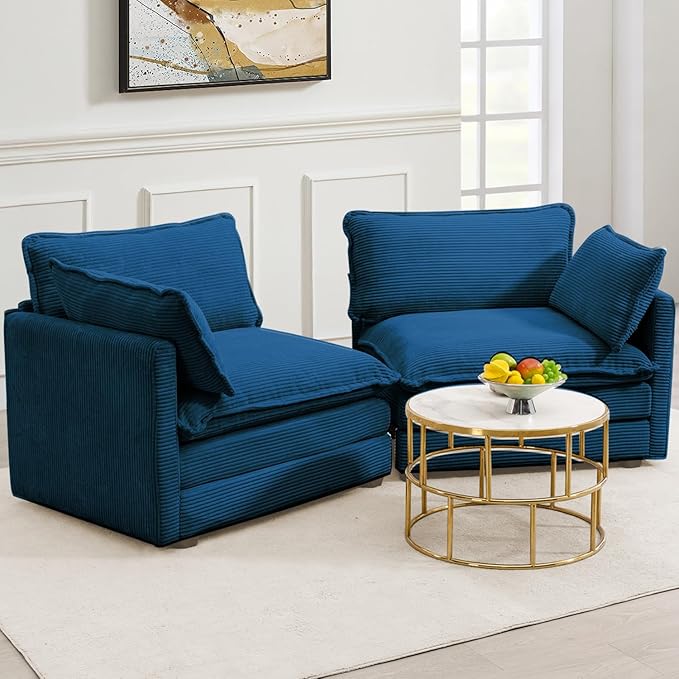 78'' Sectional Modular 2 Seat Cloud Loveseat, Oversized Love Seat 2 Seat Sofa with 2 Throw Pillows, Upholstered Corduroy Sofa Comfy Deep Couches for Living Room and Office, Blue