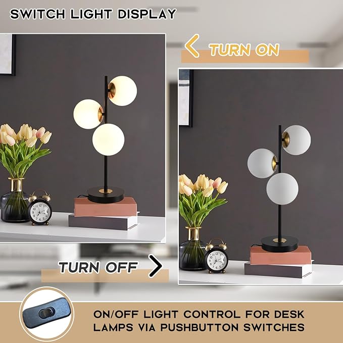 3-Light Black and Gold Table Lamp, Milk White Glass Globe Table Lamp for Nightstand, Mid Century Modern Bedside Lamps for Bedroom Living Room Office, G9 Base (Bulbs Not Included)