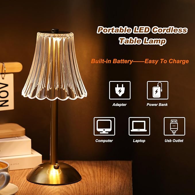 Liliful 4 Pcs Cordless Table Lamp Rechargeable Touch LED Small Gold Portable Battery Operated USB-c Desk Lamp 3 Color Dimmable for Bedroom Living Room Dining (Gold,Rose Style)