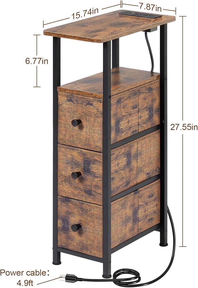 LOAKEKEL Narrow End Table Living Room with Charging Station, Skinny Side Table with Fabric Drawers, Slim Nightstand for Bedroom, Small Spaces, Couch, Rustic Brown, HETNDP03PBR-1