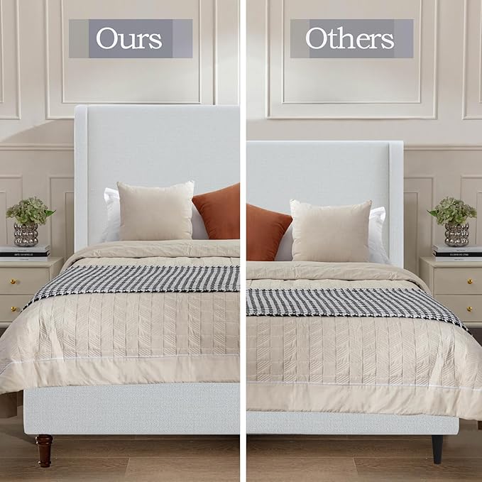 King Size Upholstered Bed Frame, 54" Tall Headboard Curved Wingback Platform Bed Frame/Elegant Boucle Bed Frame for Bedroom/ Wood Slats Support/No Box Spring Needed/Easy Assembly/Cream White Boucle
