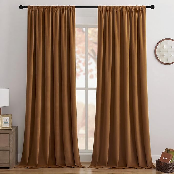 Joydeco Golden Brown 100% Blackout Curtains 84 Inch 2 Panels, Luxury Thermal Brown Velvet Curtains for Bedroom Living Room, Soundproof Blackout Window Drapes, Rod Pocket & Back Tab (52W x 84L)
