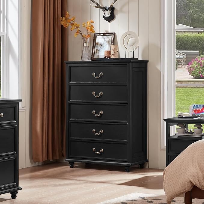 24" Wide Farmhouse Nightstand with Charging Station Set of 2, 45" Tall Rustic Chests of 5 Drawers w/ 4 Solid Wood Feet, Farmhouse Furniture Series for Living Room,Bedroom,Black