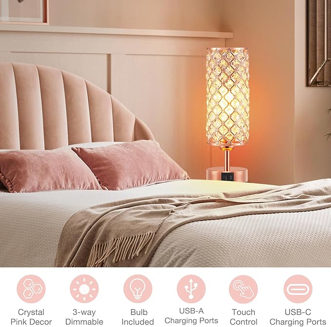 Hong-in Rose Gold Lamp Set of 2, 3-Way Crystal Table Lamp Touch Control with USB-C+A & AC Ports, Dimmable Nightstand Desk Light, Pink Bedside Table Lamp for Bedroom(Bulb Included & Set of 2)