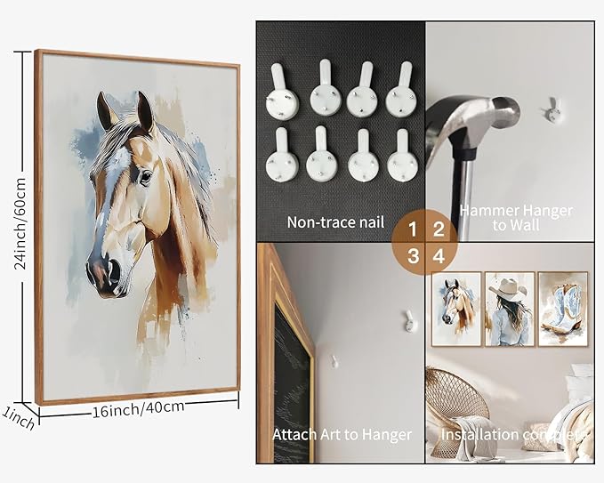 YeeHomedec Large Western Cowgirl Posters Framed Canvas Wall Art Set, Blue and White Horse Wall Decor, Glam Rodeo Boots Art Print, Vintage Country Hat Artwork for Living Room Bedroom Dorm 16"x24"x3