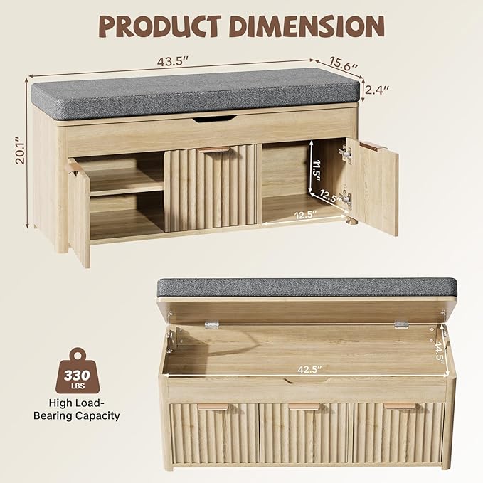 Shoe Bench with Storage - Lift Top Entryway Bench with Hidden Storage, Shoe Rack with Adjustable Shelves and Cushioned Seat, Wooden End of Bed Bench for Bedroom, Living Room and Hallway,Nature