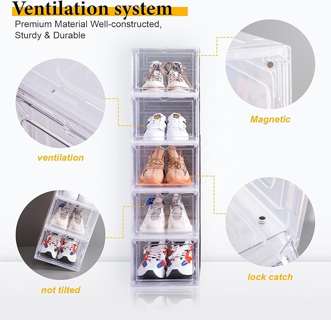 Attelite Shoe Box,Set of 6,Stackable Plastic Clear Shoe Box Organizer with Magnetic Door,Shoe Storage Box Thicken Sturdy,Easy Assembly,Fit up to US Size 12,Black