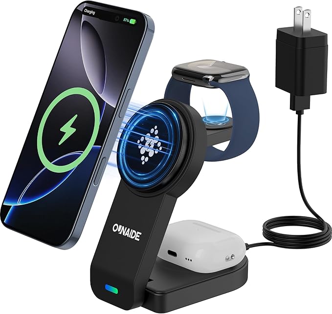 3-in-1 Charging Station for Apple MagSafe Charger, Foldable Wireless Charging Station Magnetic Charger Stand for iPhone 17 Air/16/15/14/13/12 Series/Apple Watch10-2/Airpods (Black)
