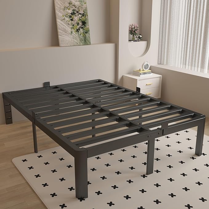 14 Inch Queen Bed Frame with Metal Gaskets, Black Bed Frame Queen Size No Box Spring Needed, Heavy Duty Steel Platform Support, Round Corner Design, Noise Free, Storage Space, Easy Assembly