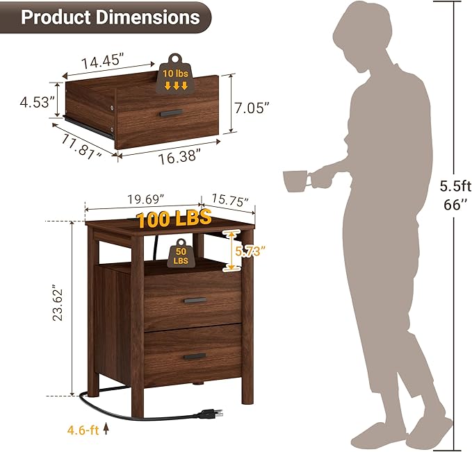 FavourLife Night Stand, 20" Wide Nightstand, Modern Nightstand with Charging Station, 2 Drawer Wooden End Table with Solid Round Post Legs & Open Shelf, Bedside Table w/Storage for Bedroom, Walnut