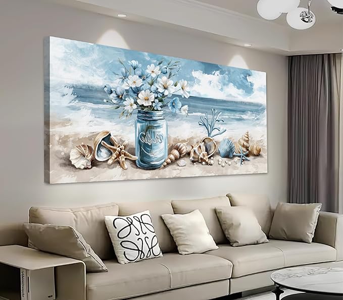 yearainn Coastal Canvas Wall Art - Rustic Jar Flowers Pictures Wall Decor Seashells Seaside Painting Artwork Ocean Landscape Prints for Living Room Bedroom Office Home Decor Ready to Hang 48" x 24"