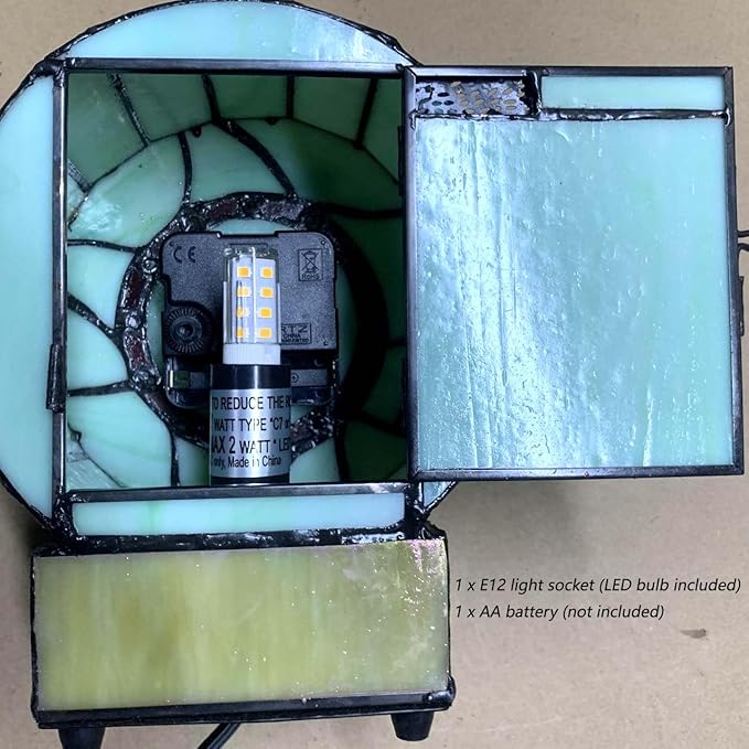 Bieye L10970 Cat and Mouse Tiffany Style Stained Glass Desk Clock Table Lamp for Home Decor (Green)