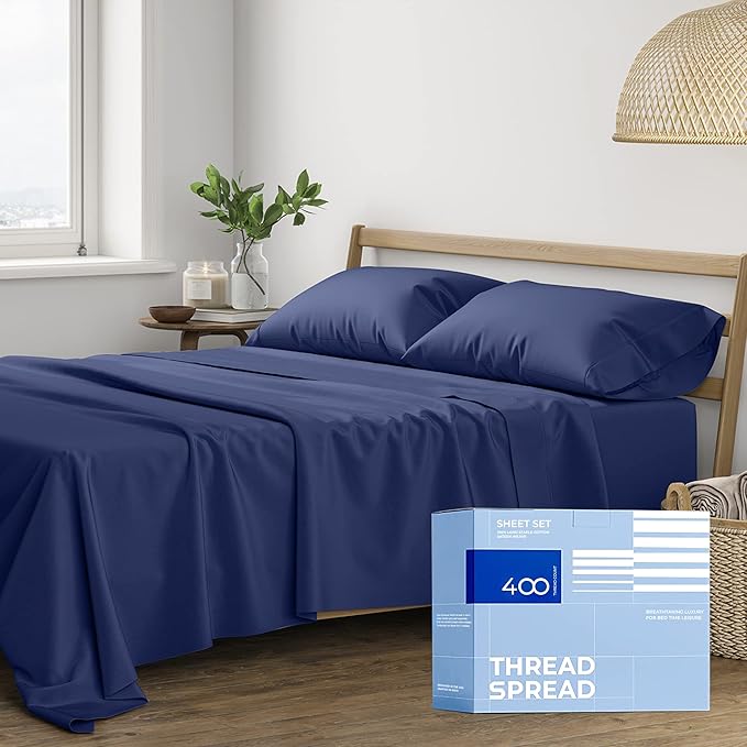 THREAD SPREAD 400 Thread Count King Cotton Sheets - 4 PC King Size Bed Sheet Set Cotton (Navy Blue), Soft, Cooling, Hotel-Quality 16" Deep Pocket Sateen Bedsheet for Hot Sleepers (Fits 18" Mattress)
