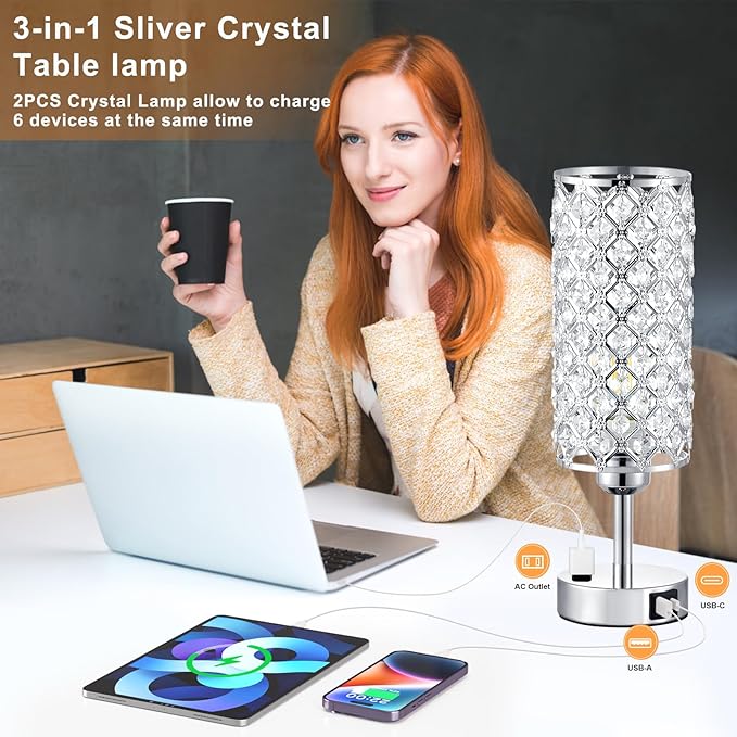 Hong-in Crystal Lamp Touch Control Set of 2, Sliver Crystal Table Lamps with USB C+A Ports & AC Outlet, 3-Way Dimmable Nightstand Touch Lamp, Modern Bedside Table Lamp for Bedroom(Bulbs Included)