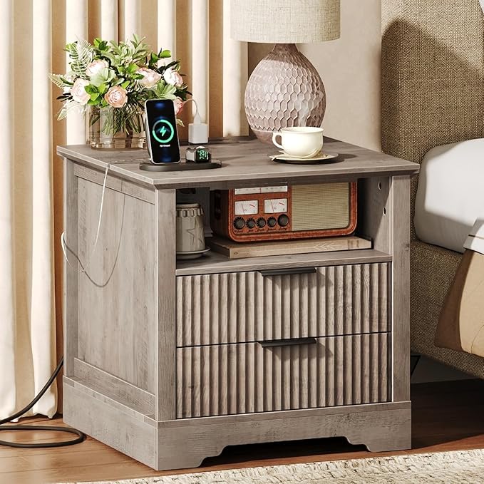 Farmhouse Fluted End Table with Charging Station, 24'' Sofa Side Table with 2 Drawers, Farmhouse Bedside Table with Storage, Large Nightstand for Bedroom, Living Room, Greige