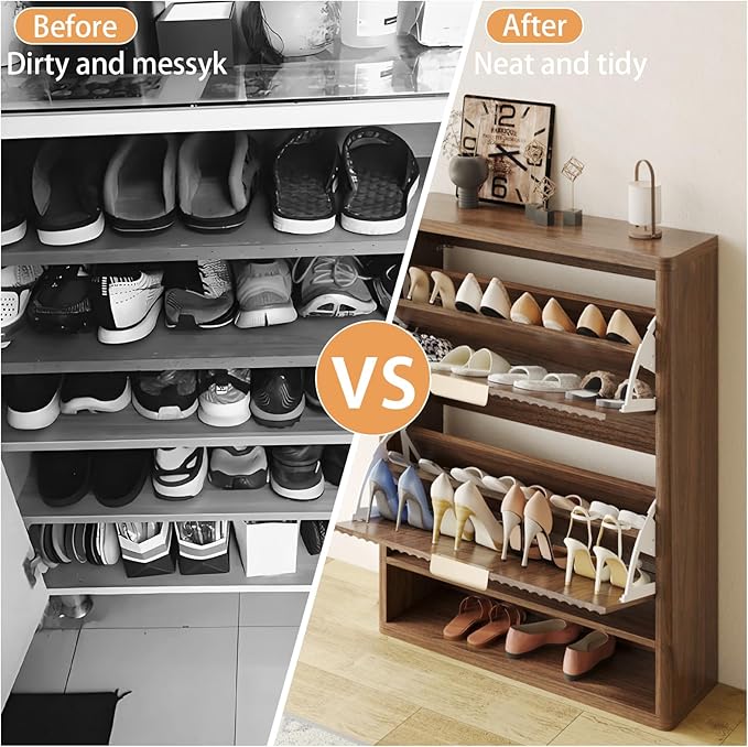 Fluted Shoe Cabinet Storage with 2 Flip Drawers, Narrow Shoe Storage Organizer for Entryway, Hidden Slim Wooden Shoe Rack Cabinet for Front Door Entrance, Hallway, Living Room (2-Drawer, Walnut)