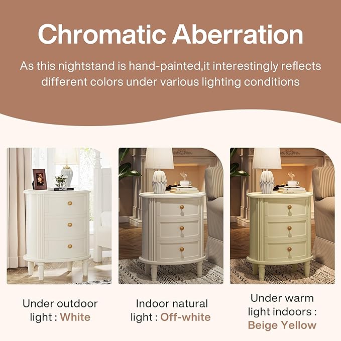 Tribesigns Nightstand with 3 Drawers, Set of 2, Oval Bed Side Table for Bedroom, Fully Assembled, Wooden Side End Table with Solid Wood Legs for Living Room, Beige White