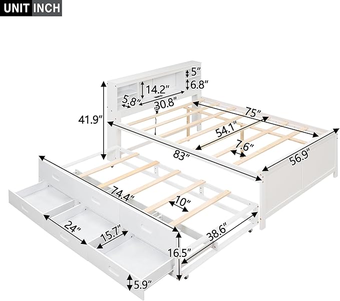 Platform Bed with Storage Headboard, USB, Twin Size Trundle and 3 Drawers, Full Size, White Color