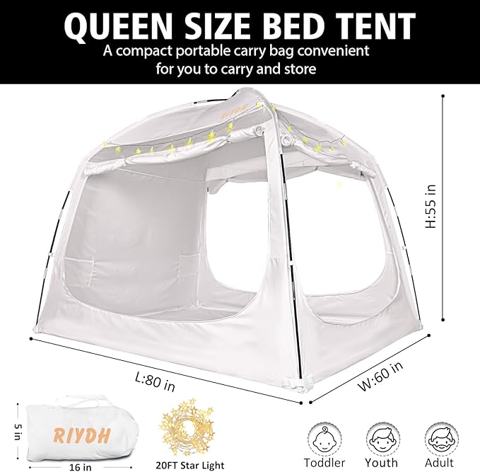 Bed Tent Bed Canopy Breathable 100% for Adult and Kids- Original Design Light Reduction 93% Sleeping Dream Tents Indoor Portable Big Space with String Light 3 Doors Twin Full Queen King Size