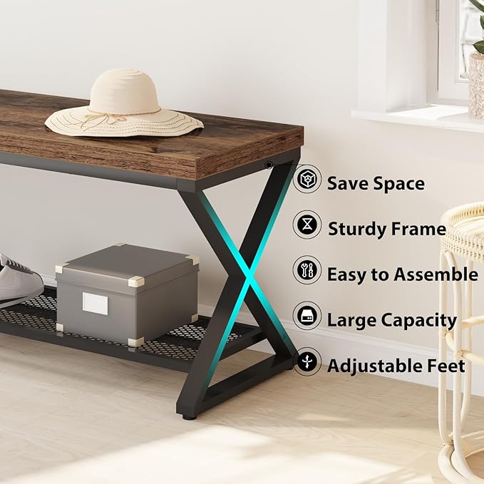 LVB Rustic Entryway Bench with Shoe Storage, Wooden and Metal Shoe Bench with Seating, Industrial Indoor Bench for Living Room Bedroom, Shoe Rack Bench for Foyer Hallway Entrance, Rustic Brown, 39 in