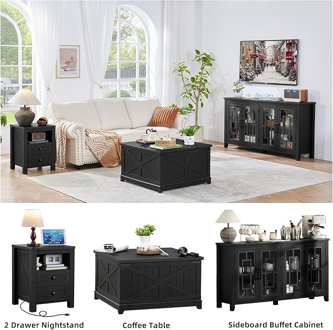 Joaxswe Night Stands with Charging Station Set of 2, Farmhouse Nightstand, Wooden Bedside End Tables with 2 Drawers and Open Shelf, Bed Side Table for Bedroom, Living Room, Closet, Office (Black)
