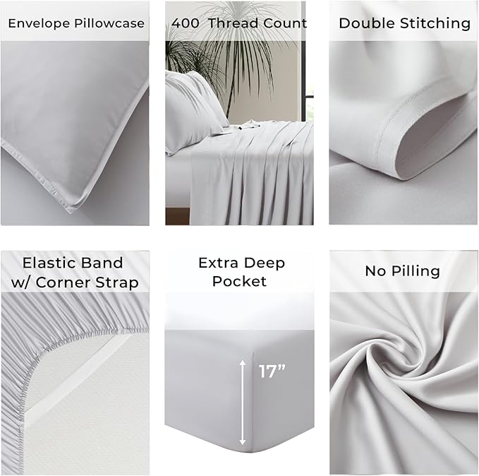 Luxury Bamboo Market | King Size Bed Sheet Set | 100% Viscose Made from Bamboo | Organically Grown | Ultra Soft | Cooling Sheets for Hot Sleepers | 17" Deep Pocket [Dove Grey]