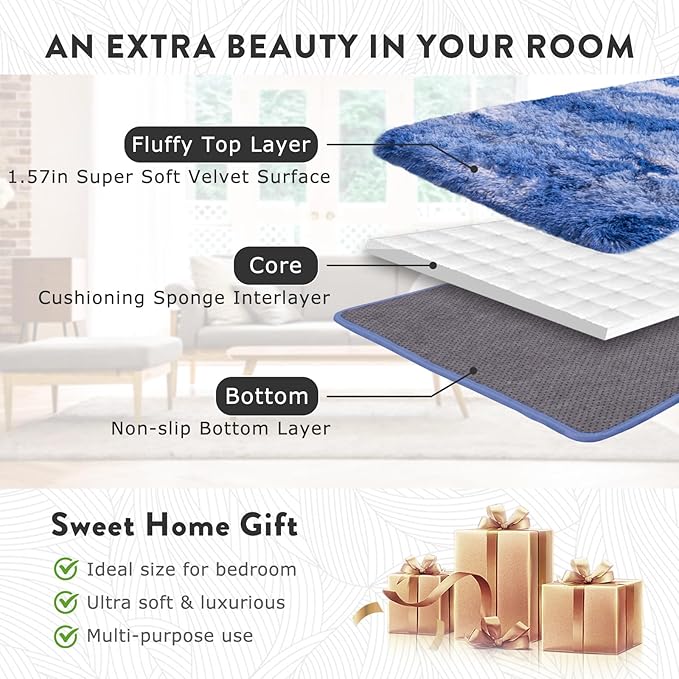 Fluffy Rugs for Bedroom Living Room, 4x6 Feet Abstract Blue Shag Area Rugs, Non-Slip Indoor Modern Fuzzy Plush Floor Carpet for Dorm Nursery Kids Room Decor, Soft Shaggy Throw Rug